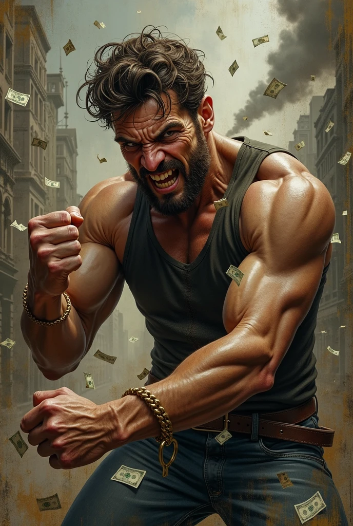 Man fighting money, Oil Painting, Harsh brush strokes, Dramatic Lighting, intense expression, Determined eyes, hold fists, sweat dripping down his face, Wrinkled suit, broken chains, Crumbling dollar bills, Crumbling Stock Market Graph, Smoke rises in the background, Black and white with a touch of gold, Realism. (Best Quality, hight resolution, Ultra-detailed), (Realistic:1.37), Professional, Vivid colors.
