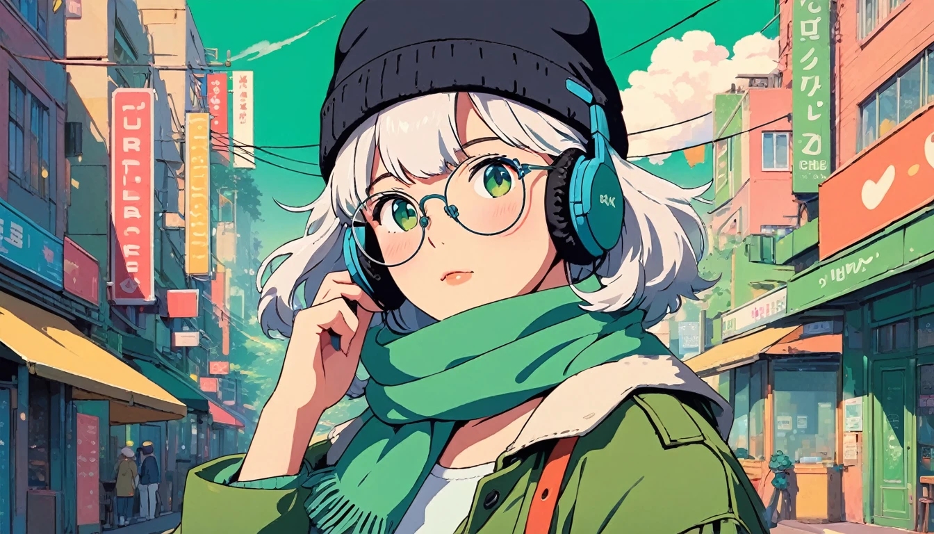 (extremely detailed CG unity 8k wallpaper), (best quality), (best illustration), (best shadow), realistic lighting, beautiful detailed reglow, masterpiece, best quality, lofi artstyle, lofi art, city, town, 80s anime style, Retro, Lo-Fi, 1girl, 1girl, bangs, beanie, black headwear, blush, covered mouth, glasses, green background, green eyes, green scarf, green theme, hat, jacket, looking at viewer, round eyewear, scarf, simple background, solo, white hair, medium shot, full body shot, Using Headphone, headphone