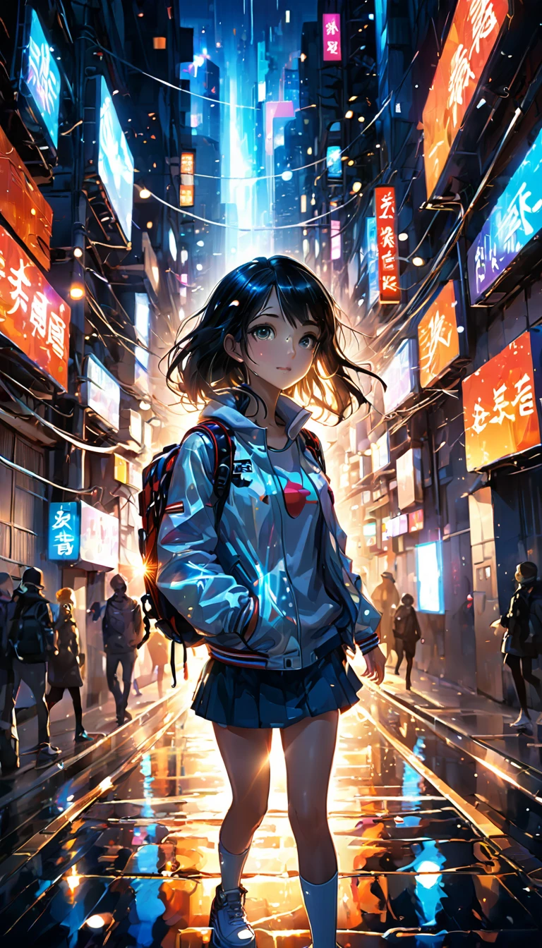 1girl, urban, abstract urban, shining light, shining urban lights, anime graphics, brilliant, intricate, detailed, masterpiece, 8k