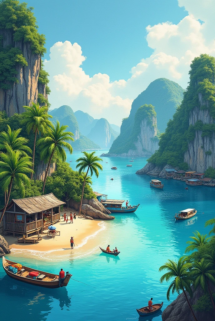 hand drawn paintings on the theme of Vietnam&#39;s sea and islands