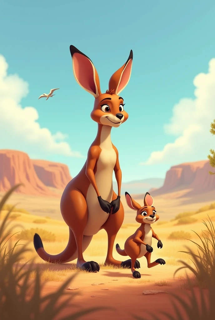 Create an image: Kenny the kangaroo's mother is looking around for danger while Kenny plays..