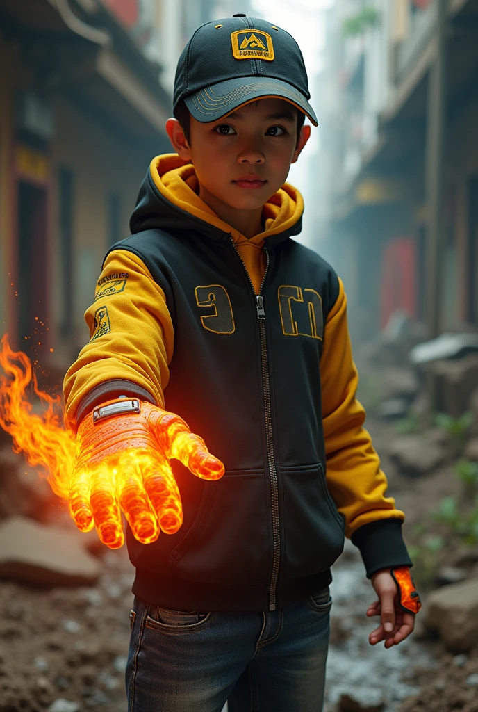 a young real boy age 15 Malaysia Indonesia . wearing an (black yellow ) zip-up shirt, (black yellow ) cap with small (mountain) logo, detailed face, cinematic lighting, dramatic atmosphere, vibrant colors, 8k, high quality, photorealistic. Hero suit. (Soil)come from his hand. Hand big lava glove.jeans pants. Very strong. Future design dress. Very epic.