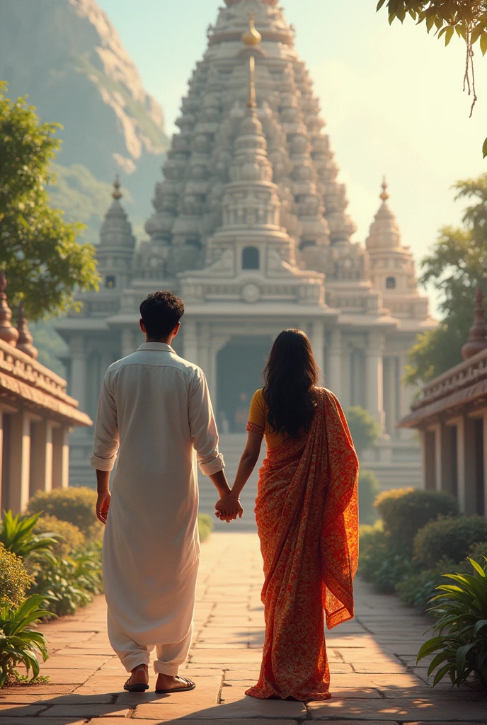 Create an AI image of man wearing white shirt and white lungi and woman wearing saree ...Both of them holding the hands outside a Shiva temple