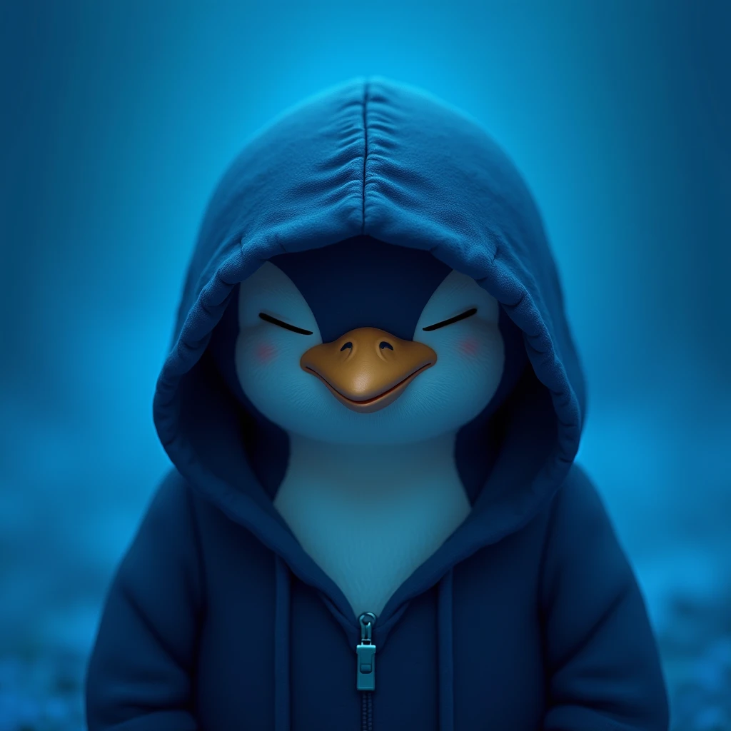 Resistance penguin coin , black hoodie , blue penguin , blue background , cute , eyes closed , mysterious , head bowed , only head  , angry face 