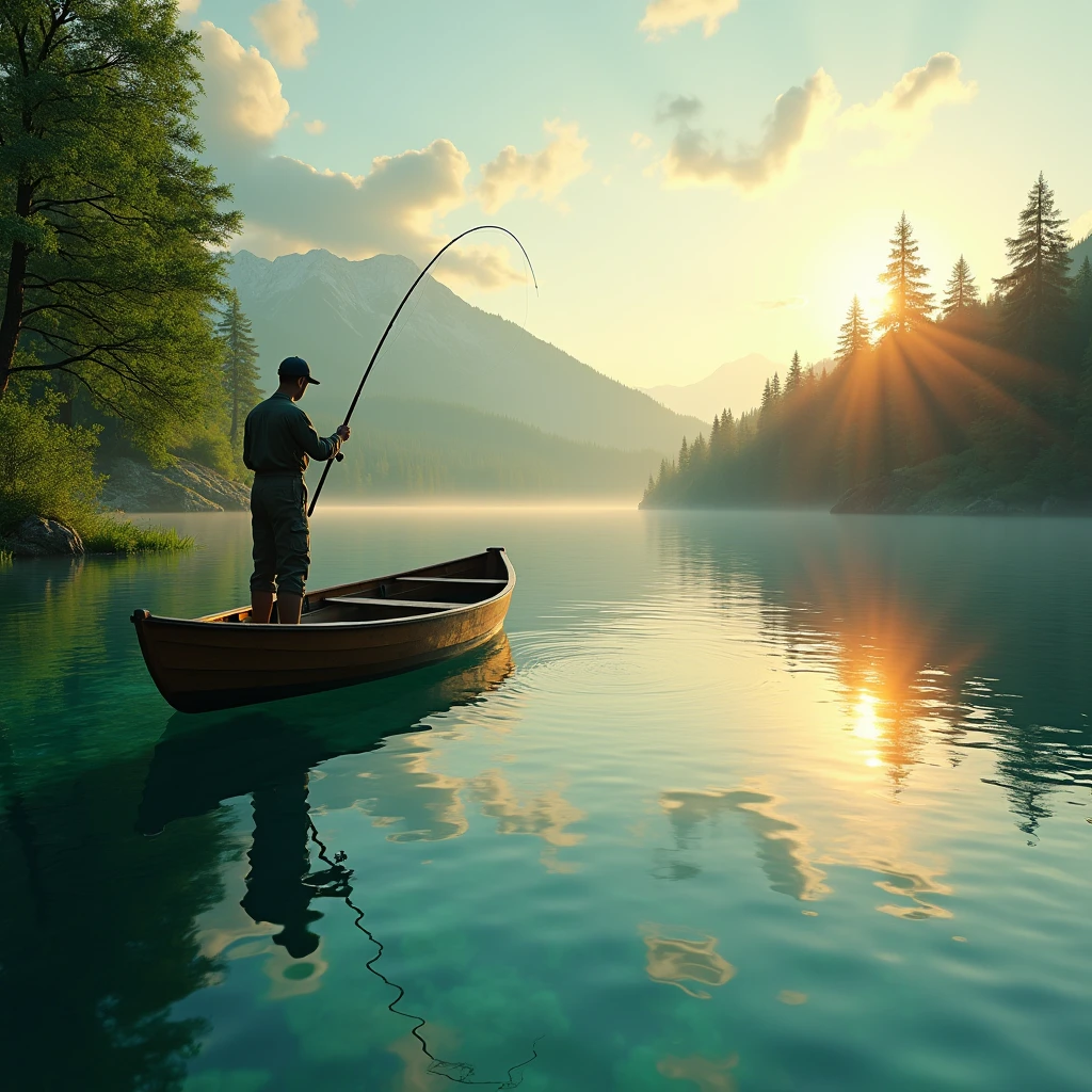 a serene lake with crystal clear water, a fisherman casting his line, detailed fishing rod, wooden boat, lush green forest in the background, golden hour lighting, highly detailed, photorealistic, dramatic lighting, realistic reflections, stunning landscape, vibrant colors, cinematic composition