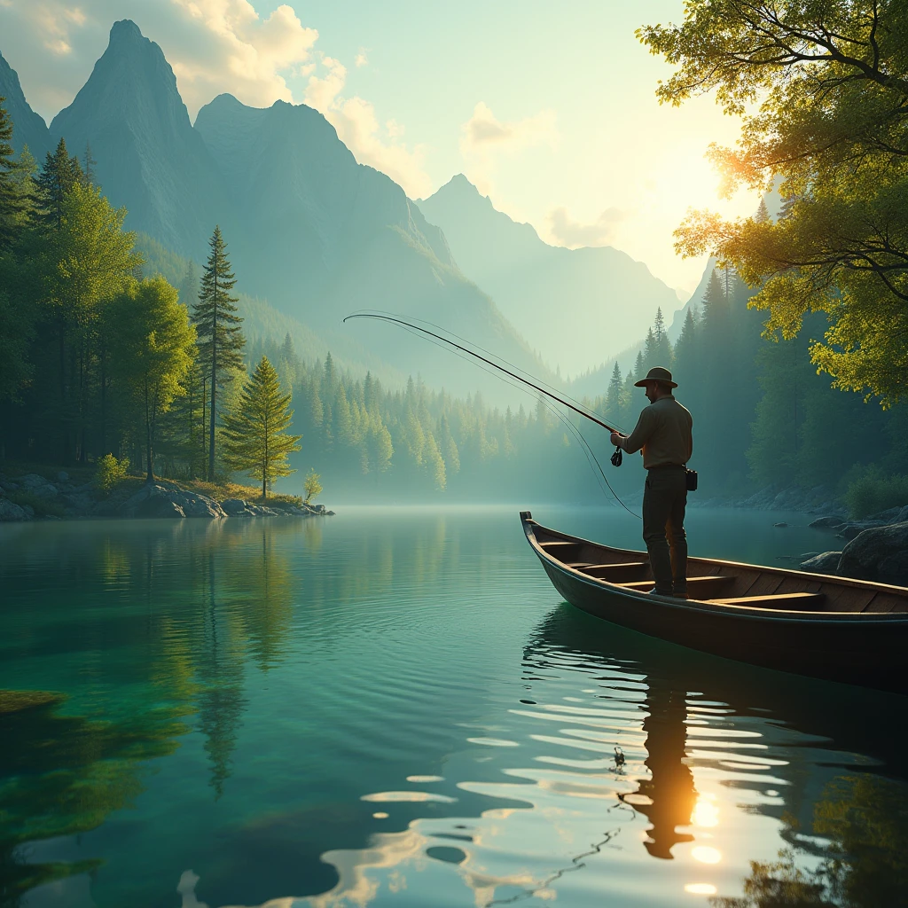 a serene lake with crystal clear water, a fisherman casting his line, detailed fishing rod, wooden boat, lush green forest in the background, golden hour lighting, highly detailed, photorealistic, dramatic lighting, realistic reflections, stunning landscape, vibrant colors, cinematic composition