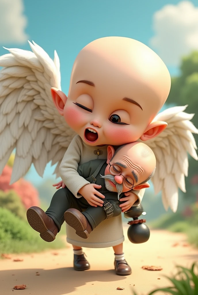 Cartoon character of an angel with white wings, with a bomb ball, carrying an old dark black bald man, an animated character