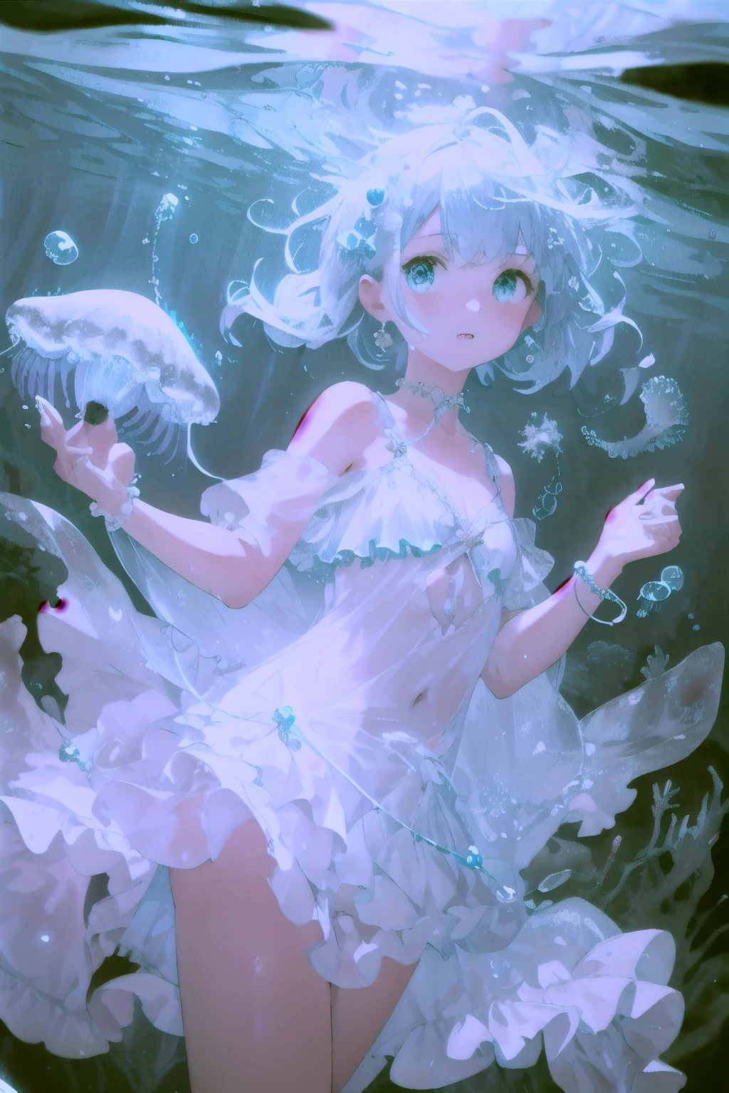 Underwater mysterious world, Magic world, glowing little jellyfish, Small fish, a girl in a transparent dress holds a glowing ball of a pearl in her hands, many small bubbles