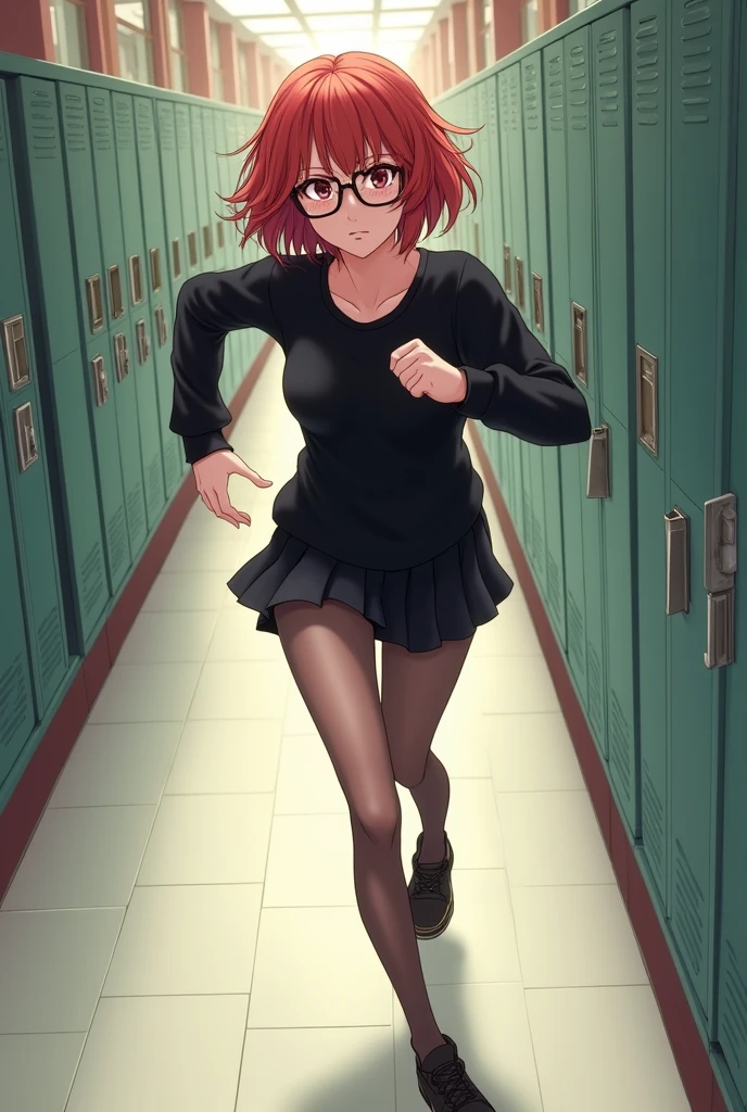 anime, young woman, thin, light skin, brown eyes, short hair, reddish hair, glasses, black eyeliner, subtle black eyeliner, reddish cheeks, black sweater, long-sleeved sweater, black skirt, short skirt, long stockings, transparent dark stockings , black shoes, running, running down the hallway, school hallway, high school