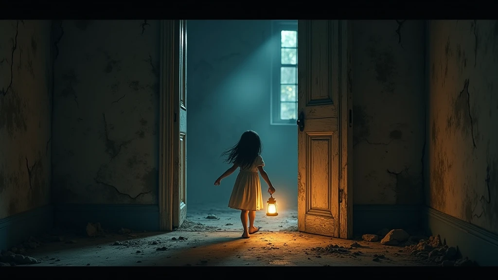 : A young girl named Suraiya entering a dark and dusty old house, holding a lantern that casts faint light on cracked walls and mysterious shadows in the corners. 8k