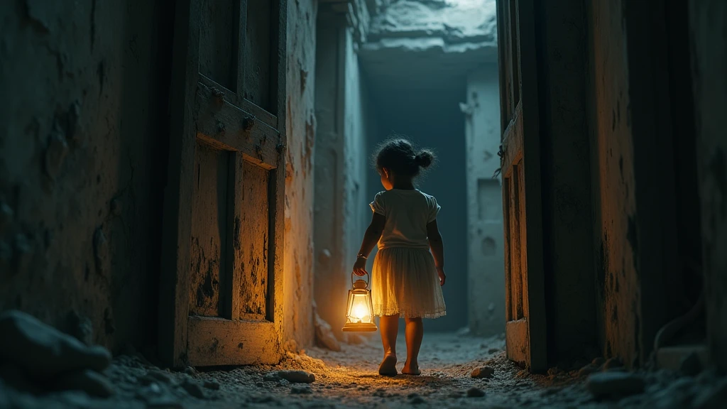 : A young girl named Suraiya entering a dark and dusty old house, holding a lantern that casts faint light on cracked walls and mysterious shadows in the corners. 8k