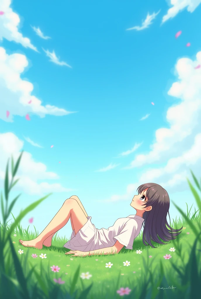 An anime girl lying on the grass looking at the sky