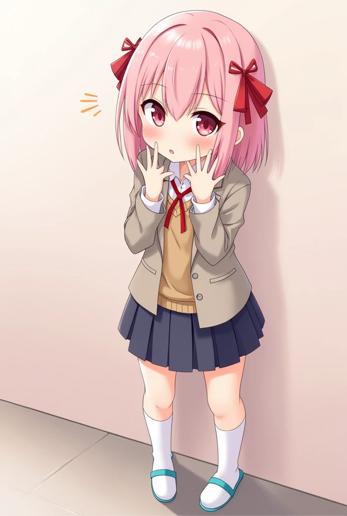 Anime Shy blushing 1 girl because She wanna tell you (you are cute lesbian girl to her that she love) She is a futa.
Natsuki has straight pastel pink hair, cut around chin length, and pink eyes. Her bangs are swept to the right, having two prominent strands of hair beside them. Her accessories consist of a red Japanese-style crossed hair clip, as well as two red ribbons tying two small ponytails on either side of her head, with the rest of her hair left down. Her canine teeth are longer than the rest of her teeth, making them visible when she opens her mouth wide enough. She is the shortest character in the game. She wears the standard issue female school uniform consisting of a warm gray blazer fully buttoned and untucked, brown sweater vest, white shirt fully buttoned and tucked, red ribbon, dark blue pleated skirt, white knee-high socks and white uwabaki slippers with sky blue tips.