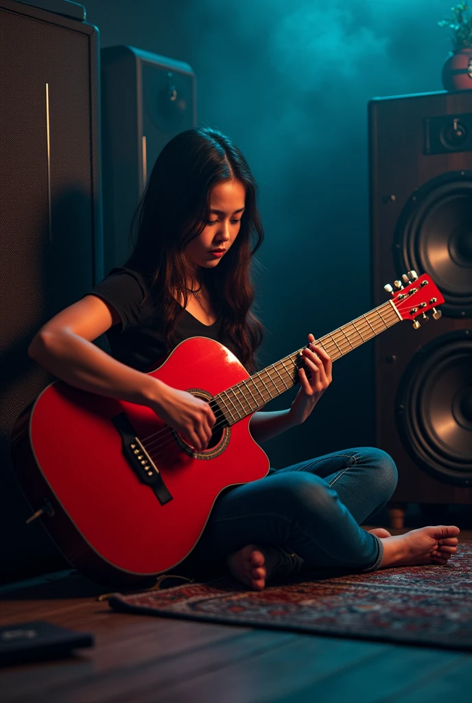 subwoofer, girl, red guitar, sitting down