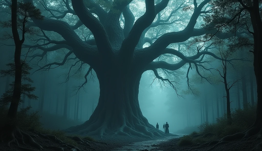 (background 4k),(high resolution)A chilling chill pervades every nook and cranny of this mysterious and enigmatic forest.  A scream of anguish, unheard by any, echoes from the deepest part of the massive trunk, towering with powerful dominance and isolation amidst this forest. Its branches appear fragile and weak, but upon touch, one feels a formidable strength like steel. This is its most deadly weapon. Its massive roots that protrude above the ground are firmly planted. It is harsh and brutal, inspiring fear. All things in the forest are in awe of it. It is the judge of all life. It alone is the judge, as it is doing now. The cruelty of absolute power embraces lost souls in vast numbers. Each branch, each leaf, grows far and wide, fueled by the blood and the breath of the powerless in their final moments of life. The screams of agony resound throughout the forest. Without faith in God, without hope of rebirth, those screaming souls are desperate and too weak to pray. Yet, deep in their hearts, they yearn for the freedom of release from this foolish imprisonment, every second. Amidst the pitch black night, a white light explodes in the silence in a blink of an eye. Its white light spreads, threateningly devouring the dark night, boldly and quickly. It confronts the judge of death with audacity. That flash of white light reveals a trunk as dark as this dark night. The truth of the judge of death becomes clear in that fraction of a second. Only for a fleeting moment, but clear throughout every part of the trunk, branches, leaves, and roots, revealing to itself that......What color is the tree? It's delicate and beautiful.,Be natural,Complex light lines,Professional Photographer,Have clarity,dramatic,Awarded globally,Cinematic lighting,(film grain,bokeh,depth of field)