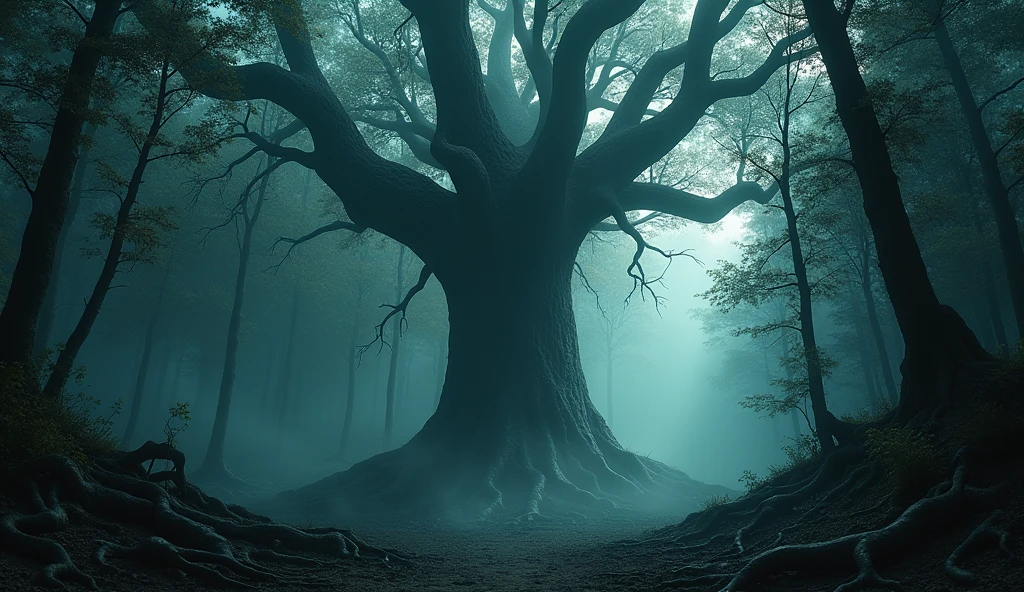 (background 4k),(high resolution)A chilling chill pervades every nook and cranny of this mysterious and enigmatic forest. A scream of anguish, unheard by any, echoes from the deepest part of the massive trunk, towering with powerful dominance and isolation amidst this forest. Its branches appear fragile and weak, but upon touch, one feels a formidable strength like steel. This is its most deadly weapon. Its massive roots that protrude above the ground are firmly planted. It is harsh and brutal, inspiring fear. All things in the forest are in awe of it. It is the judge of all life. It alone is the judge, as it is doing now. The cruelty of absolute power embraces lost souls in vast numbers. Each branch, each leaf, grows far and wide, fueled by the blood and the breath of the powerless in their final moments of life. The screams of agony resound throughout the forest. Without faith in God, without hope of rebirth, those screaming souls are desperate and too weak to pray. Yet, deep in their hearts, they yearn for the freedom of release from this foolish imprisonment, every second. Amidst the pitch black night, a white light explodes in the silence in a blink of an eye. Its white light spreads, threateningly devouring the dark night, boldly and quickly. It confronts the judge of death with audacity. That flash of white light reveals a trunk as dark as this dark night. The truth of the judge of death becomes clear in that fraction of a second. Only for a fleeting moment, but clear throughout every part of the trunk, branches, leaves, and roots, revealing to itself that......What color is the tree? It's delicate and beautiful.,Be natural,Complex light lines,Professional Photographer,Have clarity,dramatic,Awarded globally,Cinematic lighting,(film grain,bokeh,depth of field)
