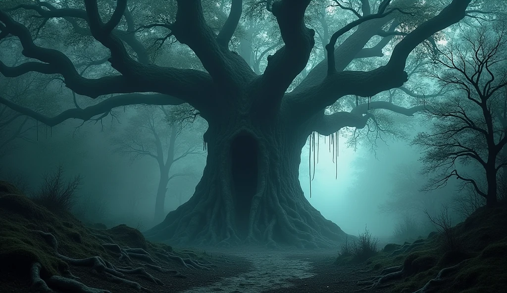 (background 4k),(high resolution)A chilling chill pervades every nook and cranny of this mysterious and enigmatic forest. A scream of anguish, unheard by any, echoes from the deepest part of the massive trunk, towering with powerful dominance and isolation amidst this forest. Its branches appear fragile and weak, but upon touch, one feels a formidable strength like steel. This is its most deadly weapon. Its massive roots that protrude above the ground are firmly planted. It is harsh and brutal, inspiring fear. All things in the forest are in awe of it. It is the judge of all life. It alone is the judge, as it is doing now. The cruelty of absolute power embraces lost souls in vast numbers. Each branch, each leaf, grows far and wide, fueled by the blood and the breath of the powerless in their final moments of life. The screams of agony resound throughout the forest. Without faith in God, without hope of rebirth, those screaming souls are desperate and too weak to pray. Yet, deep in their hearts, they yearn for the freedom of release from this foolish imprisonment, every second. Amidst the pitch black night, a white light explodes in the silence in a blink of an eye. Its white light spreads, threateningly devouring the dark night, boldly and quickly. It confronts the judge of death with audacity. That flash of white light reveals a trunk as dark as this dark night. The truth of the judge of death becomes clear in that fraction of a second. Only for a fleeting moment, but clear throughout every part of the trunk, branches, leaves, and roots, revealing to itself that......What color is the tree? It's delicate and beautiful.,Be natural,Complex light lines,Professional Photographer,Have clarity,dramatic,Awarded globally,Cinematic lighting,(film grain,bokeh,depth of field)