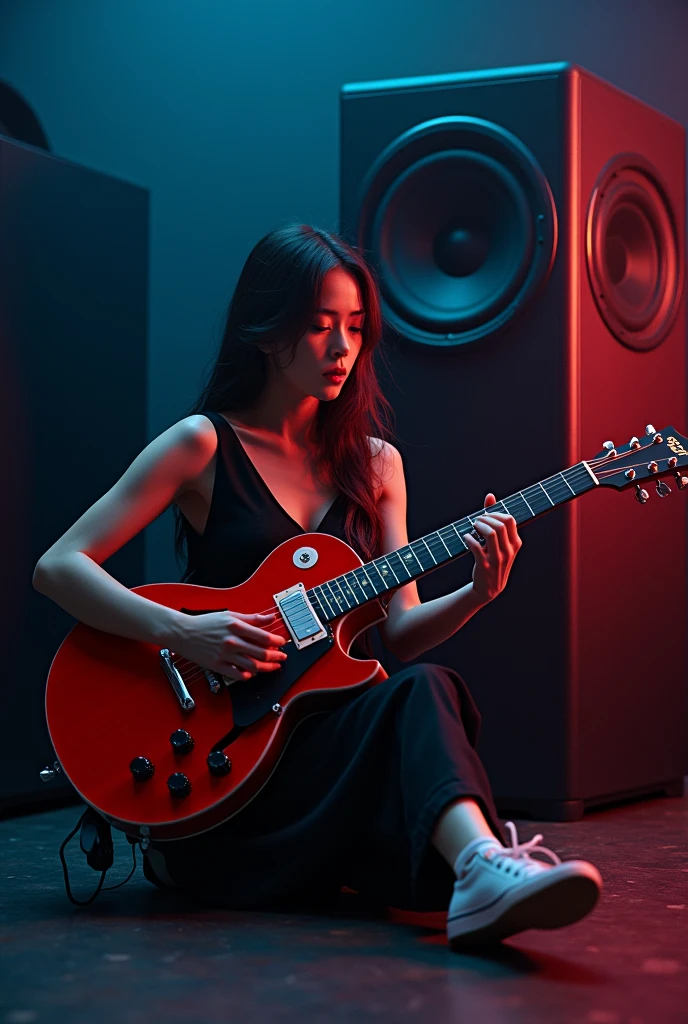 subwoofer, girl, red guitar, sitting down