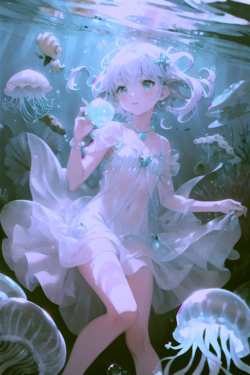 Underwater mysterious world, Magic world, glowing little jellyfish, Small fish, a girl in a transparent dress holds a glowing ball of a pearl in her hands, many small bubbles