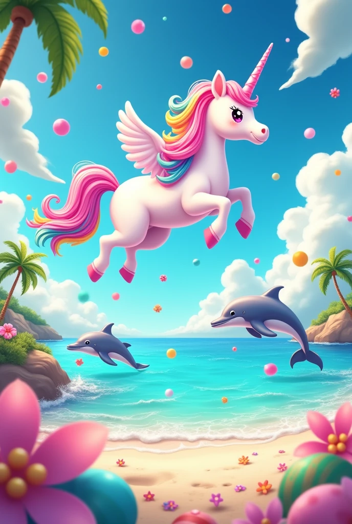 Kawaii unicorn flying with a beach background, dolphins jumping and dancing, candy everywhere, ireal