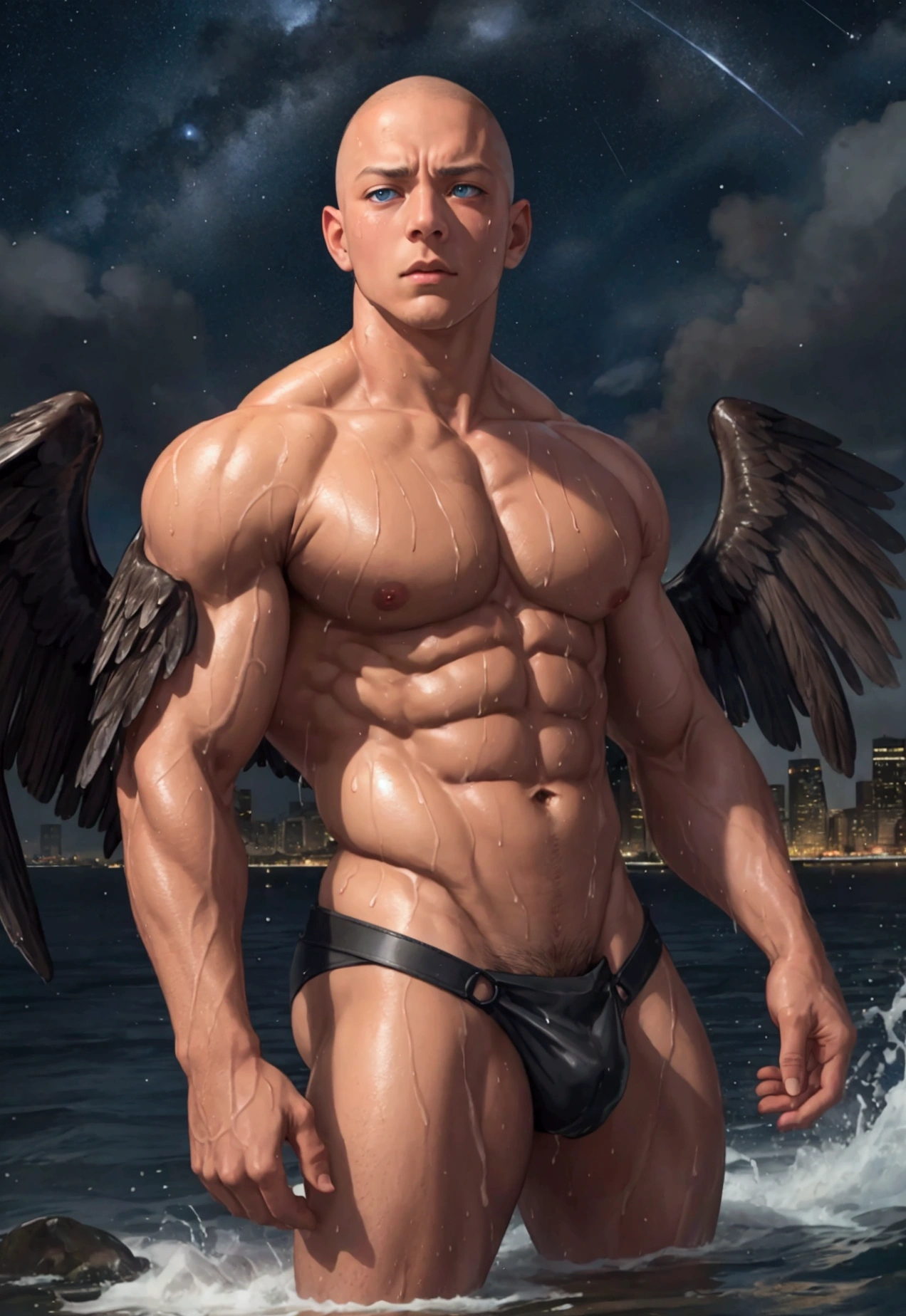 身体の大きなマッチョが優しくReaching out、Skinhead、Brown skin、It has large black wings、Muscular、Please wear the shoulder straps completely naked.、Your body is wet、Sweating、A starry sky、Modern city、manly、Perfect Eyes、Blue Eyes、Reaching out