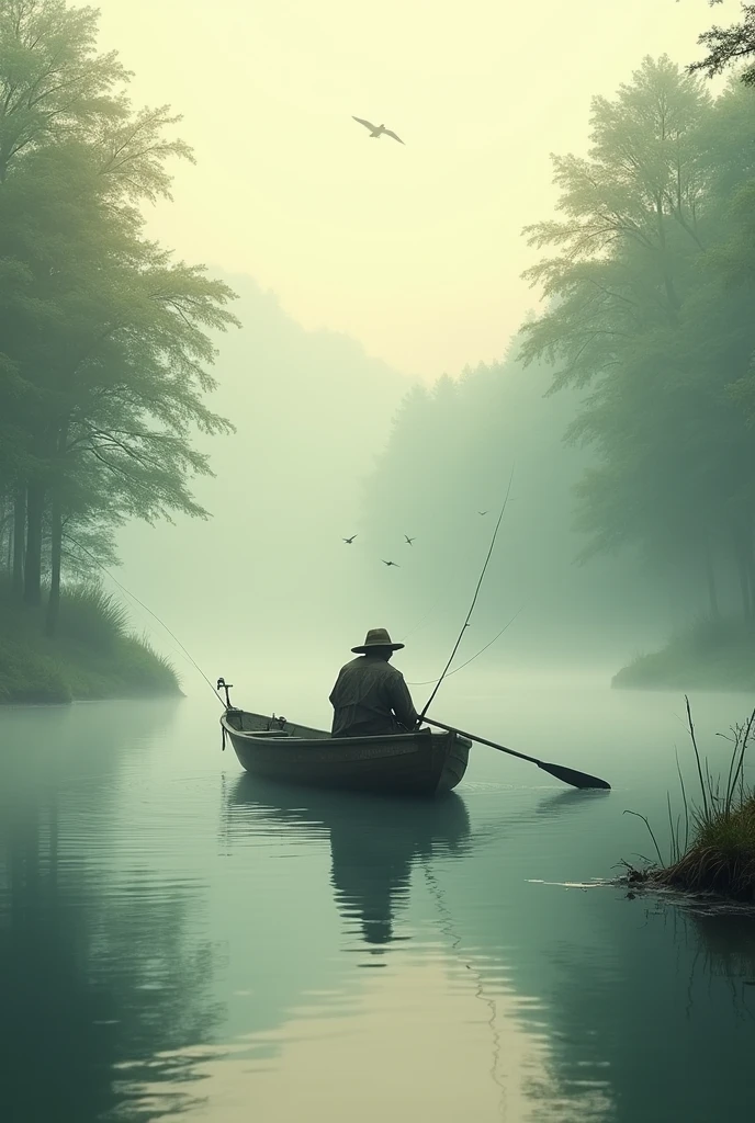 Fisherman, boat, quiet lake, morning mist,