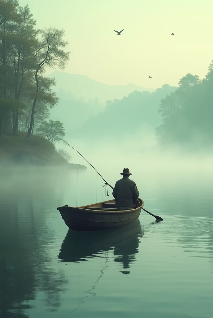 Fisherman, boat, quiet lake, morning mist,