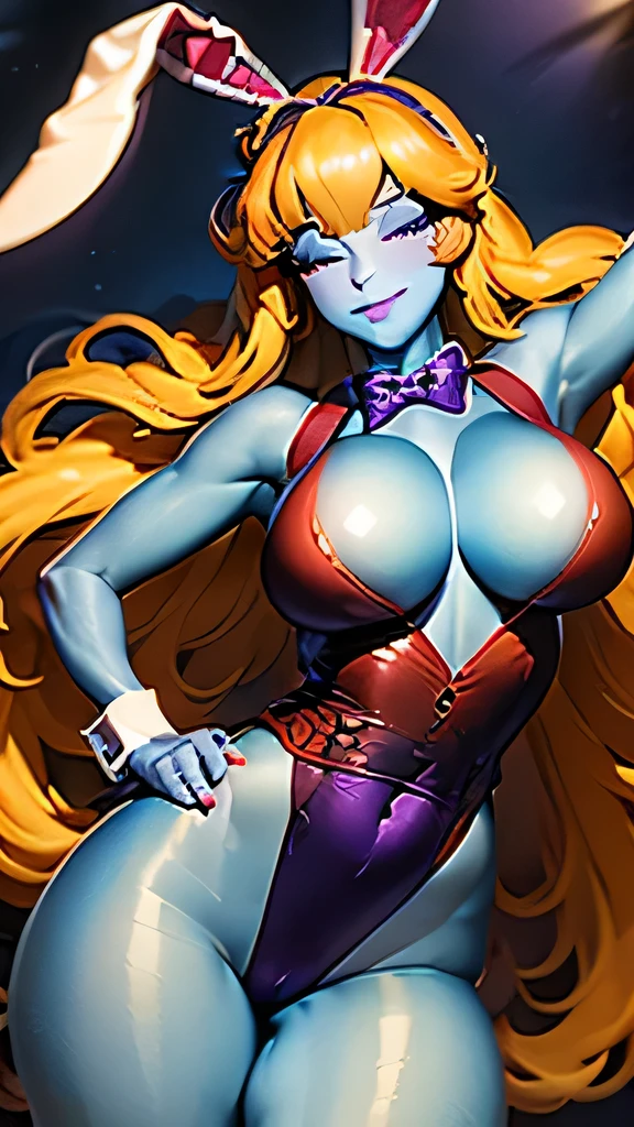  ((masterpiece,best quality,ultra-delicate,Perfect Face,16k,high resolution,very beautiful woman)),(blue skin:1.2,red sleeveless jacket), purple panties,bunny ears,large breasts,purple bowtie,gold long hair,smile,standing,sexy pose