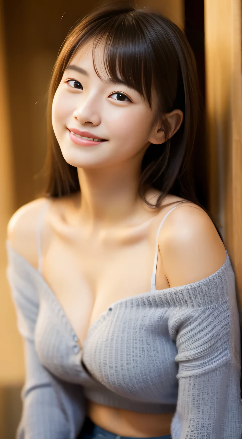 masterpiece,best quality,(Japanese girl),((Beautiful girl)),cleavage,(off shoulder:1.2),(perfect body beauty:1.2),(shy smile),From slightly above