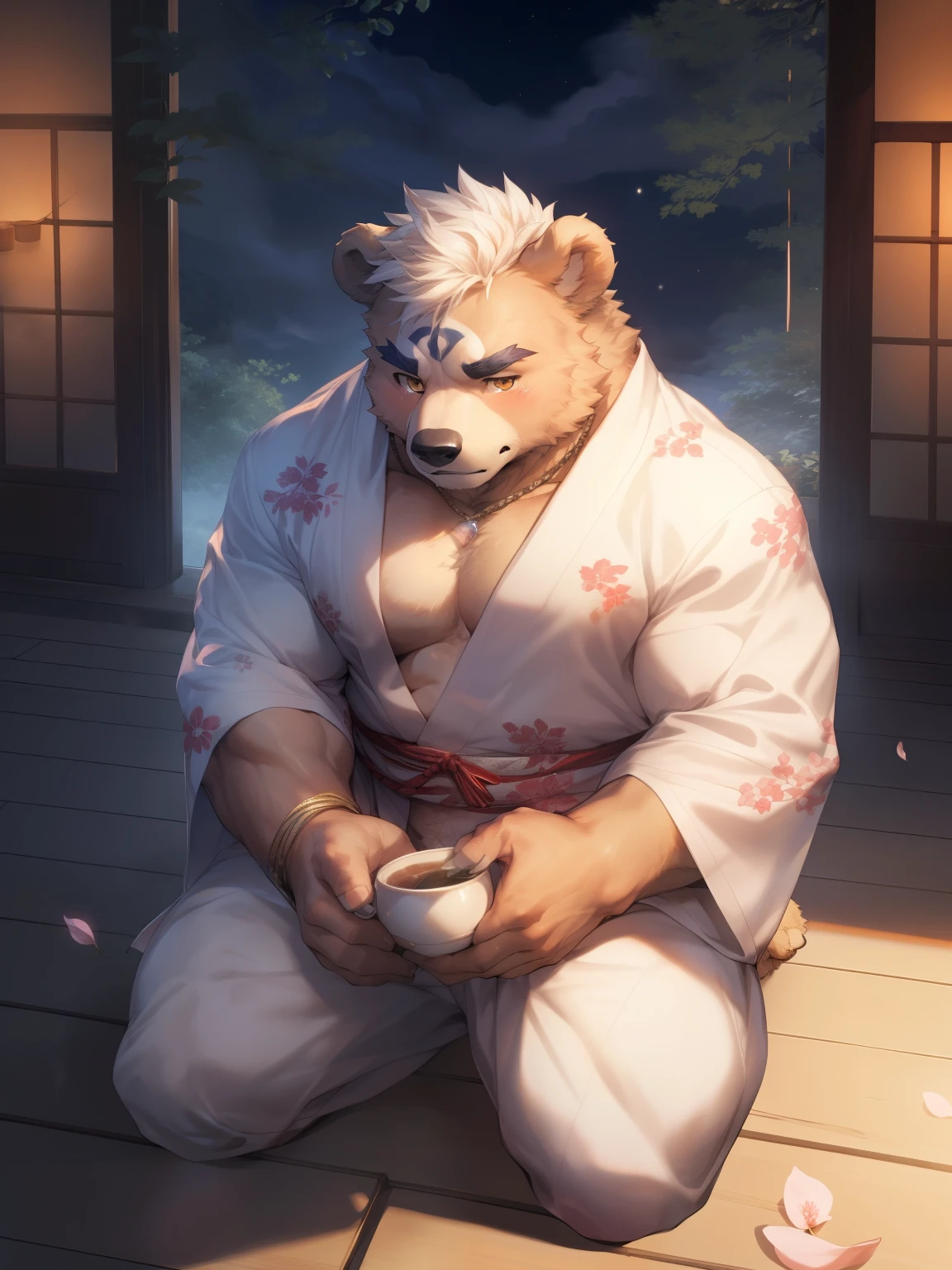 (By Empty Ghost, From thebigslick, By Dark Gem, Will chase), Keyuan Building (Onmyoji Daisenji Temple), High quality photos, Perfect anatomical structure, Anthropomorphic white bear, male, 20 years old, (bear print), Thick eyebrows, short hair, Strong body, Pectoralis major, White Kimono, Cherry blossom pattern embellishment, Small bump, Pink milk clusters, Kneeling on the wooden floor of the courtyard, Drink tea, Sad expression, Tears, blush, Golden pupils, Look up at the audience, Clear facial features, Strong, solitary, top view, Full body portrait, night, Foggy atmosphere, In the classical garden, White pebbles can be seen everywhere, wild plants, (By Empty Ghost, From bear20, masterpiece, high quality, high resolution, 8k)