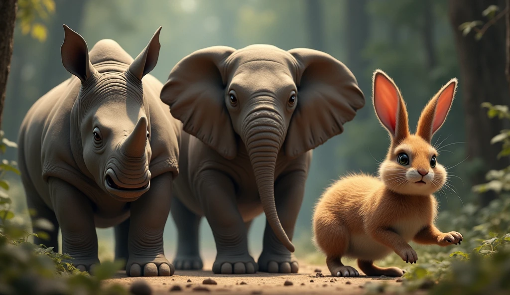 the animals began to tremble with fear.a rhinoceros, an elephant, and a rabbit.