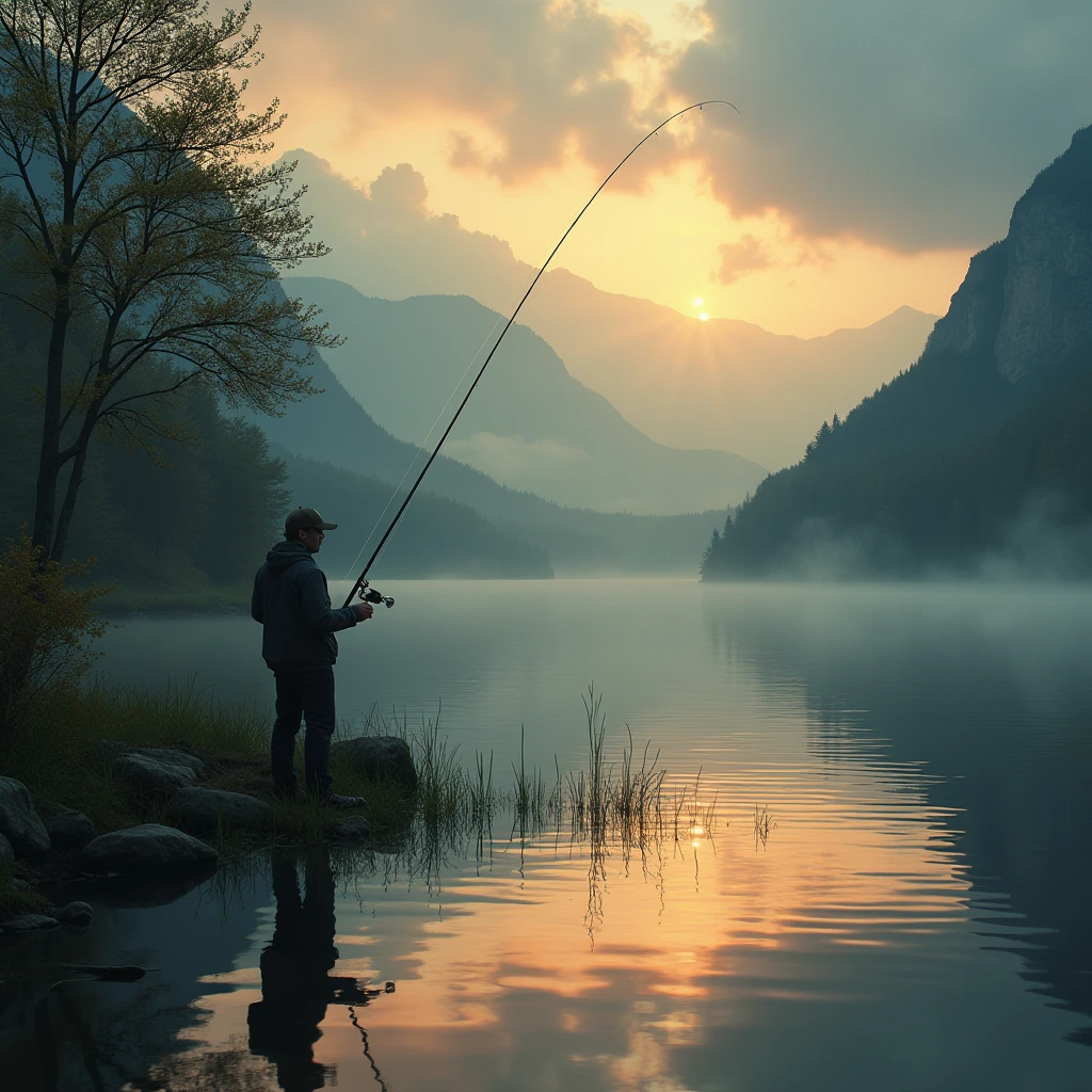 a fisherman fishing on a peaceful lake, serene landscape, beautiful detailed eyes, beautiful detailed lips, extremely detailed eyes and face, long eyelashes, realistic, photorealistic, photo-realistic:1.37, best quality,4k,8k,highres,masterpiece:1.2,ultra-detailed, realistic water reflections, dramatic lighting, vibrant colors, cinematic composition