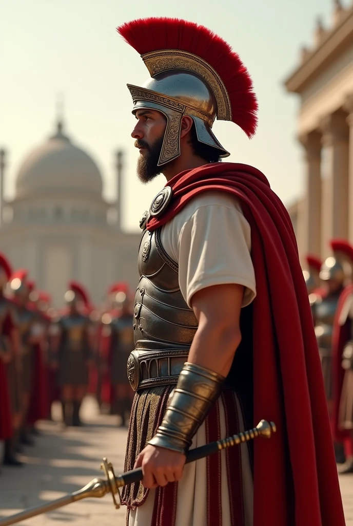 AD 70 years, Leading the attack on Jerusalem,  In front of the temple in Jerusalem, Side View, battle scene, Titus, Empire of Roman, standing pose, 30 years-old, handsome,( wave perm , brown hair , Serious, Roman metal helmet , red chicken's crest design), normal body,  (An ancient Roman emperor  traditional imperial White wear), (Full body armor is  leather and emboss of  Apron face ), shoulder and arm protector  , (Red crock), battle sandal,  right hand hold short Sword, noon　,(Textured skin , HI Detail Skin, (Shorthand, Canon, 8k, Anatomically correct, Super Detail, Attention to detail, Your Highness)