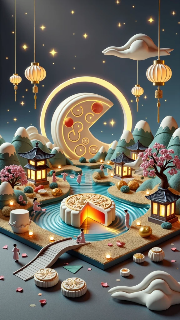 (3D art, 3D style), a captivating night scene filled with tranquility, dotted with stars, (Mid-Autumn Festival: 1.5), macro lens, desktop, Mid-Autumn Festival, miniature mooncakes, tiny figures, osmanthus tree, figures sawing mooncakes, transporting mooncakes, half a mooncake with molten filling, the moon hanging in the sky, osmanthus petals scattered on the desktop, colorful mountains and rivers, winding rivers, small boats, a small path on the mountain, little houses, (aesthetic and aesthetics: 1.2), solid color background, miniature photography, Chinese ancient architecture landscape, Chinese landscape painting, creamy organic fluid, theme, (C4D, OC render), natural light, jungle, river, waterfall, a small pavilion on the mountain, the silver moon gently illuminating them, the sky unfolds like velvet soaked in ink, dotted with countless twinkling stars, these stars look like celestial gems scattered on the vast canvas of the universe, the air around them is fresh, filled with tranquility, bursting with the quiet intimacy of the time they share, the environment around them bathed in the soft glow of the stars and the moon, providing just enough light to illuminate their faces and the intricate details around them, creating a dreamy, almost surreal atmosphere, ((((8k, vibrant colors, bright, ultra-high saturation, RGB colors, kaleidoscopic)))) , (High contrast: 1.5), (full body: 1.8), magazine photography, popular on social media, ((dopaminism)), (((dopamine color scheme))), Dopamine, (in the style of Y2K), Raoul Pure, three-dimensional ancient style, Eastern poetic painting.