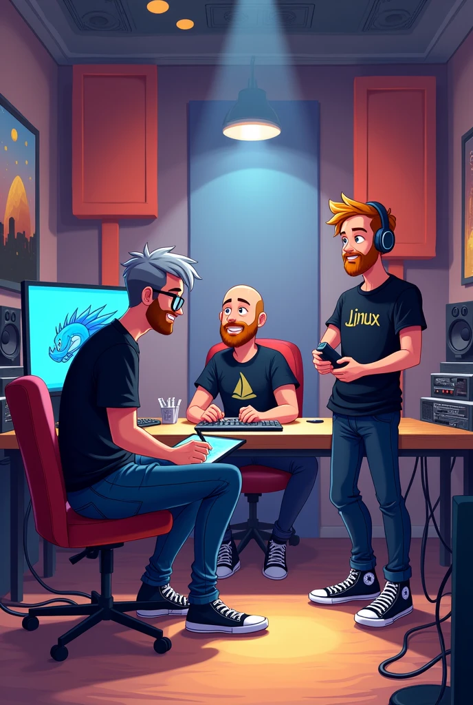Create a Disney cartoon illustration of three friends in a recording studio. The studio must have walls covered with acoustic foam, with a modern and professional environment. Describe the three characters with the following details:

1. **GRAPHIC DESIGNER**: 
   - 35 year old man, with a thin body and youthful features.
   - Gray hair, short and slightly disheveled.
   - He wears black-framed glasses and has a thin, unshaven beard..
   - First the king.
   - Wear a black shirt, skinny jeans and black high top sneakers.
   - He is sitting in an ergonomic chair, concentrated on drawing a blue dragon on a graphics tablet with a large screen.

2. **software developer**:
   - 34 year old black man, with a somewhat strong body.
   - He is bald and has a medium-sized beard.
   - Wear a black shirt com a inscrição "linux" blank, blue jeans and black All Star sneakers.
   - He&#39;s sitting in another corner of the studio, in a comfortable chair, fiddling with a computer keyboard.
   - The monitor screen in front of you should have a black background with several characters in green, simulating programming code.

3. **digital influencer**:
   - Homblank de 34 anos, with a tall and slightly fat body.
   - Straight hair, blond, with a beard.
   - Wear a black shirt com o desenho de uma caravela blank, black jeans and black all star sneakers.
   - It&#39;s in the middle of the studio, standing, using a gaming headphone and testing a microphone, which he holds with one hand.

**Scenario**:
   - The studio must be well lit, with soft lights that create a comfortable and creative atmosphere.
   - Acoustic foam on the walls must be visible, providing a professional look to the studio.
   - Add details like cables and recording accessories around, to reinforce the creative work environment.