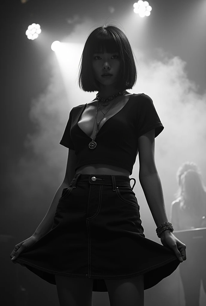 Black and white photography、Live footage、25 year old woman。Asian woman with short bob、Straight Hair、band、skirt、Beautiful Face、Punk Rock、Large Breasts、Satomi Ishihara、Black T-shirt、A cleavage so big you could squeeze your penis in it、Stage Lighting、smoke、mist、Alice Hirose、Solo artist、skirtめくり、Leaning forward to look at you、