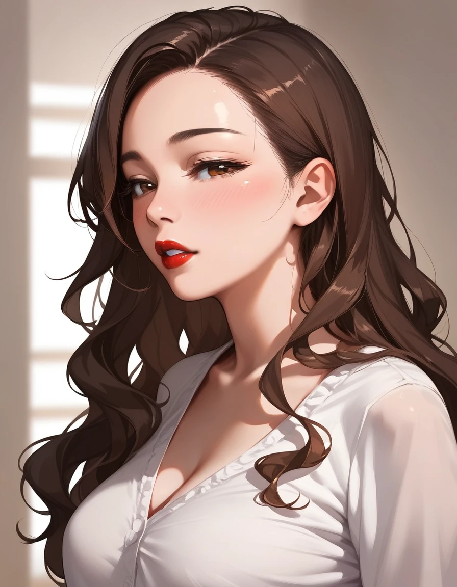 score_9, score_8_up, score_7_up, score_6_up, score_5_up, score_4_up,masterpiece,source_anime,highres,high contrast,photo realistic(realistic:1.3)mature female,smmruzk,30 years old(half close eyes:0.8)busty,red lips,long hair, brown hair, wavy hair,one side up,brown eyes,blush,deep throat,Room