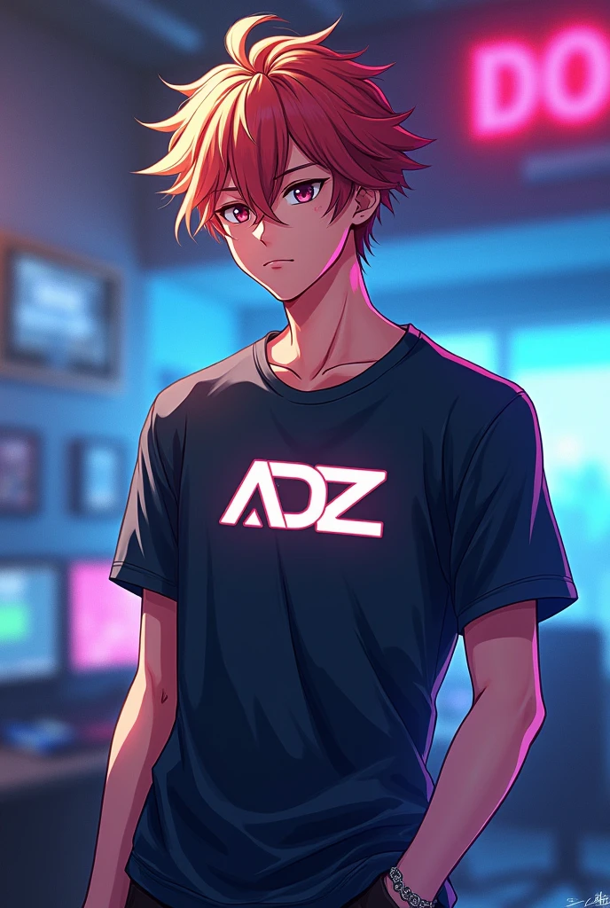 Anime boy gamer with ADZ logo in his t-shirt 