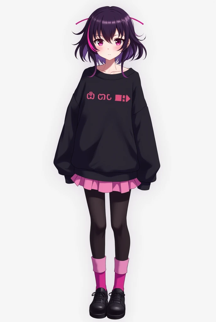 anime girl with dark purple hair and two pink streaks on her bangs, wearing a black sweatshirt, a short pink skirt and black leggings, pink socks and black shoes