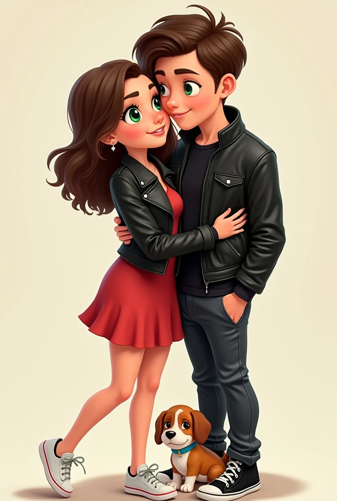 (cartoon) white-skinned, green-eyed woman with wavy brown hair wearing a tight-fitting red dress with a black leather jacket and white sneakers; hugging a white skinned man with green eyes short dark brown hair wearing a black polo shirt and a black leather jacket with black pants and black and white sneakers; and in the middle a beagle dog with a blue collar