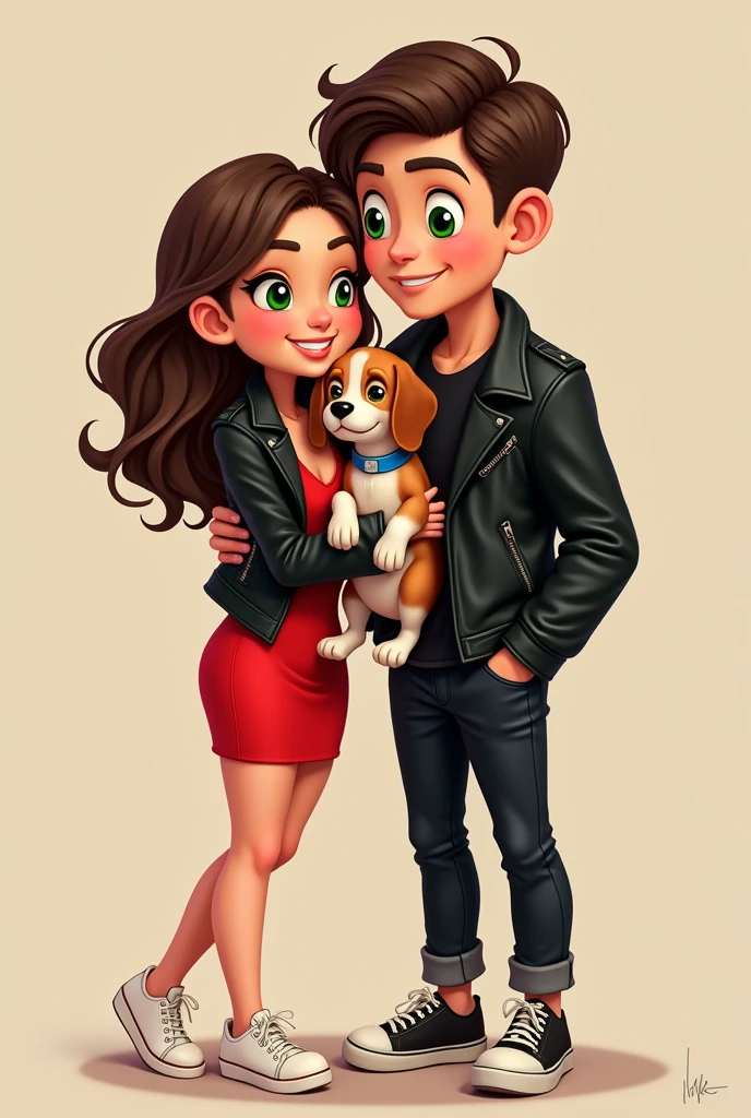 (cartoon) white-skinned, green-eyed woman with wavy brown hair wearing a tight-fitting red dress with a black leather jacket and white sneakers; hugging a white skinned man with green eyes short dark brown hair wearing a black polo shirt and a black leather jacket with black pants and black and white sneakers; and in the middle a beagle dog with a blue collar