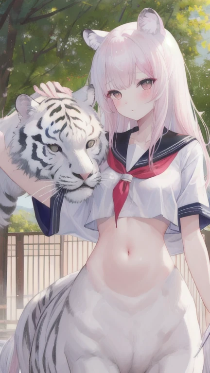 (best quality, masterpiece), 1 girl, centaur, I beg, White skin, Japanese schoolgirl,daughter,black pink, exposing the abdomen, belly button t-shirt , beautiful girl perfect, White tiger photo, 완벽한 White tiger photo