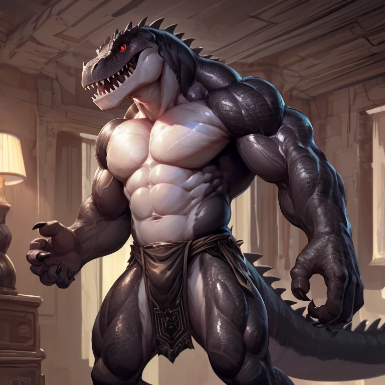 solo, anthro, furry male, ultra details, T-Rex, ((ultra detailed muscles)), (T-Rex print), black scales, white belly, black spiny scales, bedroom, standing up, muscle pose, front double biceps pose, bodyguard outfit, black claws, red eyes, slit eyes, slim fit, muscular slim, menacing, handsome, flirt, ultra detailed slit eyes, pecs, hind leg, tail, looking at viewer, (Masterpiece, by null-ghost, ultra hi-res, 8k), naked torso , black loincloth, front pov,