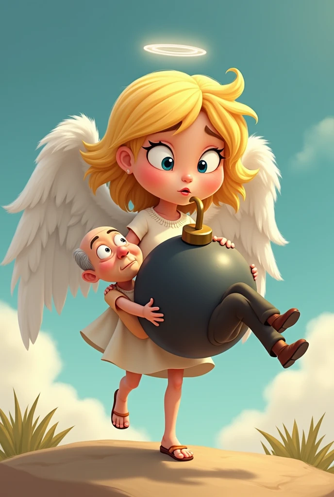 Cartoon character of an angel with blonde hair, with white wings, with a bomb ball, carrying an old dark black bald man, an animated character