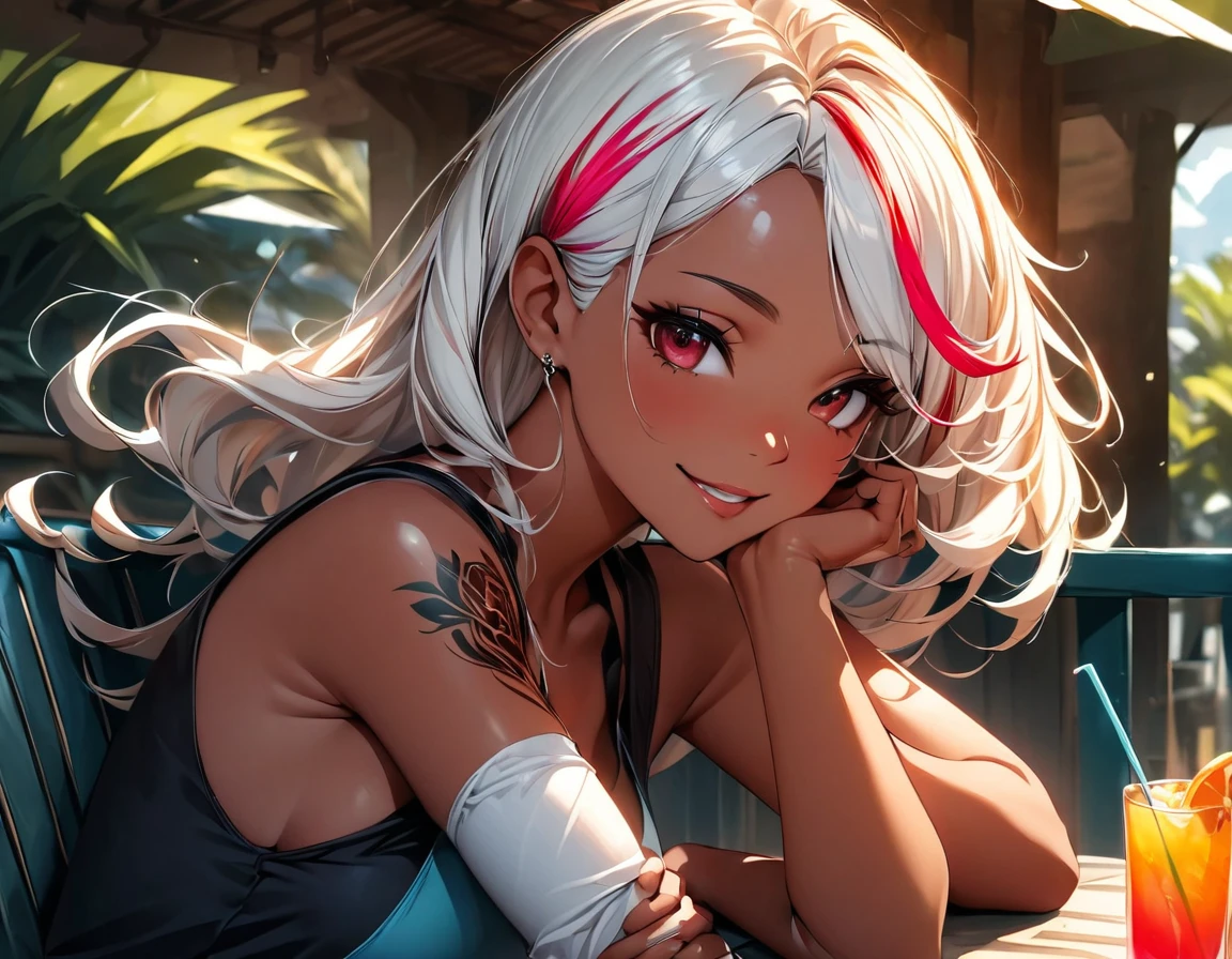 (highest quality:1.2, Very detailed, up to date, Vibrant, Ultra-high resolution, High Contrast, masterpiece:1.2, highest quality, Best aesthetics), Portraiture、girl、singer, solo, ((25-years-old:1)), Bright colors, Beautiful fine details、Beautiful lip detail、medium wave hair、red and white ((streaked hair:1.6)), highlights hair: 1.5, red eyes, slim body, medium breast, (tan skin:1.1), (Floral Fineline tattoo design on left arm:1), tank top, jeans, drink tropical cocktail, sitting at the table, happy, terrace seat in beachside cafe, sunshine,  ((upper body:1.5))