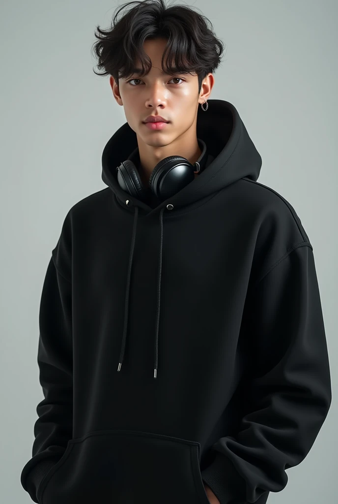 Male character ****** wearing headphone, instagram video size ratio, looking straight into the camera, stand straight into the camera, wearing black hoodie and transparent background 