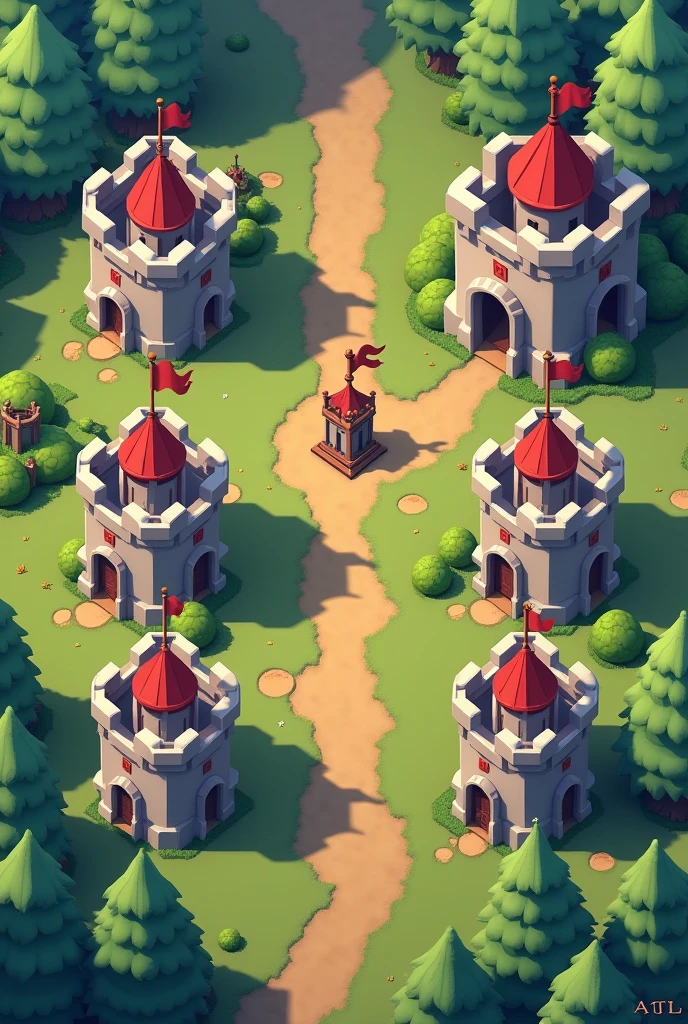 Last War game in war between miniature castles, all castles with the same strength and sizes, with 2D game graphics with the alliance initials written &#39;atL&#39; only the capital letter L 