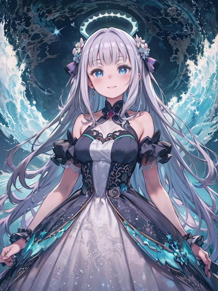 Bioluminescent glow, Beautiful girl in a loose ball gown dress, Honda Tohru in a flowing organza galaxy dress, Galaxy style dress, The glow of the galaxy, Sparkling, Mysterious, Fluffy flowing hair, Silky iridescent grey hair, Long flowing silky hair, bid eyes, Innocent, Pure, cute, delicate, A healthy smile, sweet, bid, comfortable, Mysterious, Flower Breeze,