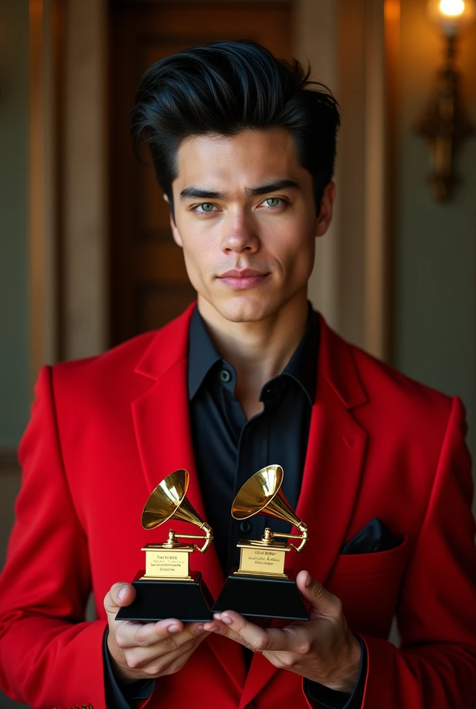 The image of a white man, Youngh, bonitas, blue-eyed, very black hair Elvis Presley style wearing a red outfit, estilo old money, looking like a king's clothes, no red carpet do Grammy awards, holding 10 Grammys awards, his name is Madrian. He is happy and feeling fulfilled.
Ele pousa com seus 10 Grammys awards para as fotos