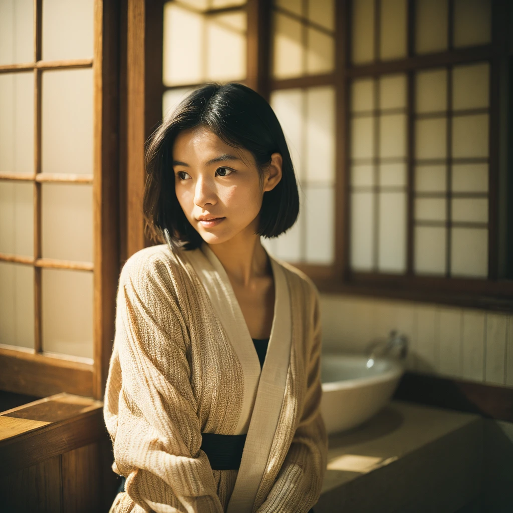 A hyper-realistic image of a single Japanese woman in her early 20s, captured with the nostalgic warmth and subtle graininess of a film camera. She is dressed in a traditional Japanese yukata, with delicate patterns that reflect the simplicity and elegance of the garment. Her skin has a warm beige tone with a natural, slightly rough texture that includes visible pores, fine lines, and subtle imperfections such as small blemishes, adding to the authenticity of her appearance. The soft, diffused natural light enhances the film-like quality, casting gentle shadows that create a timeless, organic feel. Her straight, glossy black hair is styled to complement the traditional yukata, framing her face naturally, and her deep brown eyes reflect the ambient light, adding depth and emotion. The film camera effect introduces a slight grain and a softer focus, giving the image a warm, nostalgic atmosphere while maintaining the realistic texture of her skin. The overall composition is designed to evoke a sense of genuine, understated elegance, with the combination of the traditional yukata, natural light, and film-like qualities ensuring that this image captures the imperfections that make her beauty truly lifelike, focusing solely on this one individual.